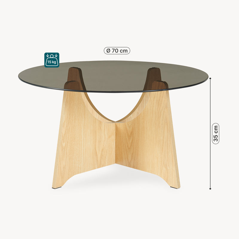 Maßskizze Konferenční stolek 'Omlar' s kulatou skleněnou deskou Ø70 x 35 cm dubový dekor / kouřově šedá