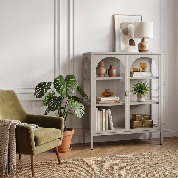 Vitrínkový sideboard Klippestad ocel 95x80x35 cm velbloudí barva [en.casa]