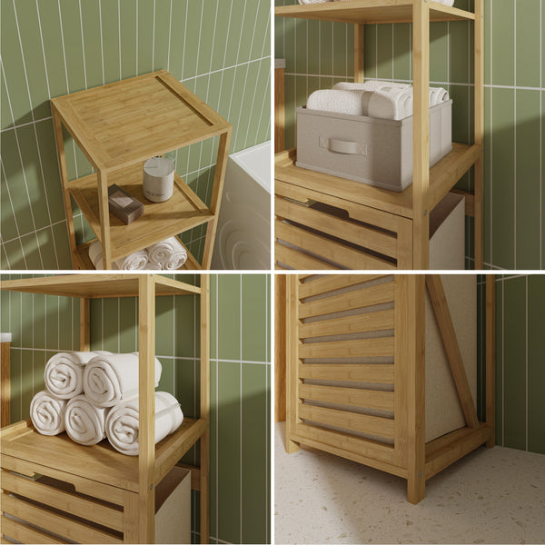 Koupelnový regál s košem na prádlo Anun 130x36x33 cm bambus, barva dřeva [en.casa]