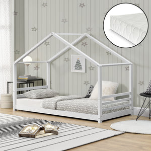 [en.casa] Dětská postel AAKB-8693 bílá 90x200 cm s matrací a roštem