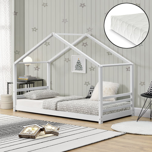 [en.casa] Dětská postel AAKB-8693 bílá 90x200 cm s matrací a roštem