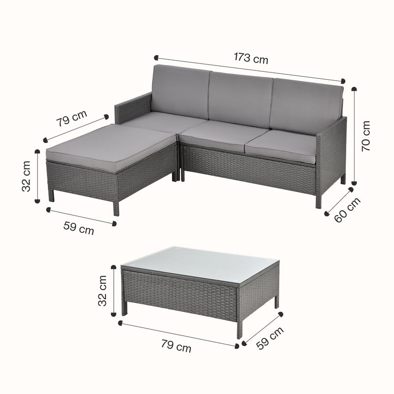 Maßskizze Zahradní nábytek Murcia Rattan 3dílný Tmavě šedá/Světle šedá [en.casa]