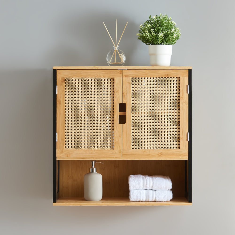 Závěsná skříňka Bad Tervola 60x60x20 cm Černá/Bambus [en.casa]