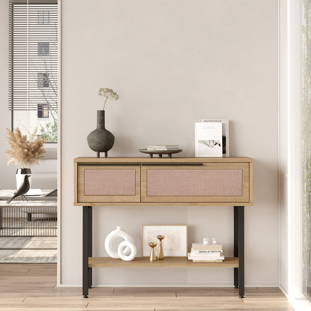 Konsolentisch Kvænangen 100x30x76 cm Eiche/Rattanoptik [en.casa] - premiumXL