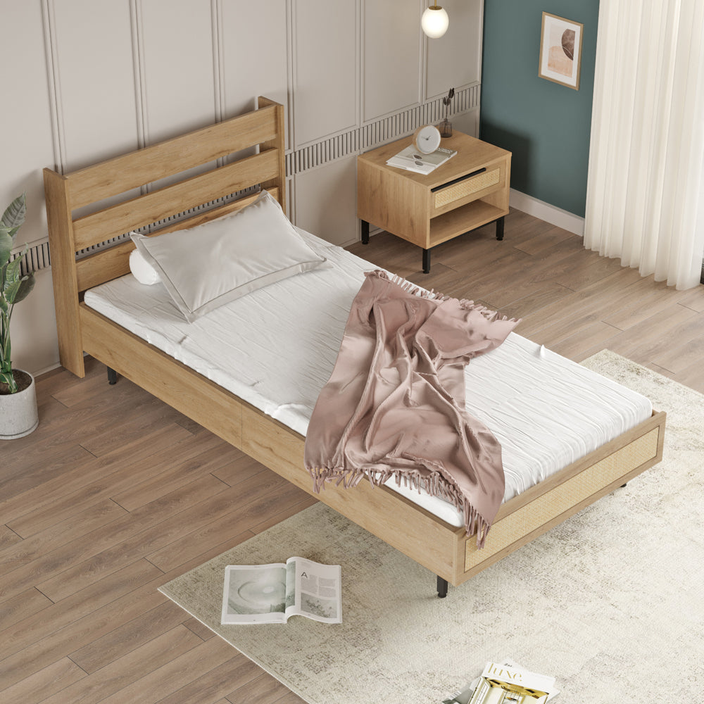 Einzelbett Kvænangen 100x200 cm Eiche - /Rattan - Optik [en.casa] - premiumXL