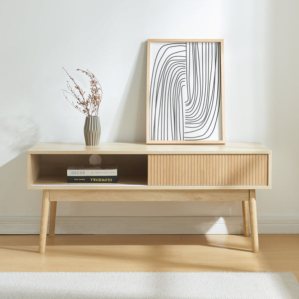 Televizní stolek Landskrona 115x40x48 cm se dvěma posuvnými dveřmi v dubovém dekoru [en.casa]