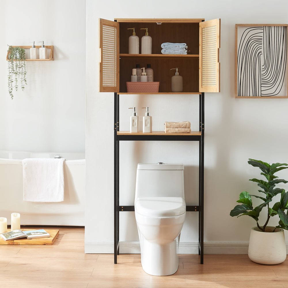 Toilettenschrank Tervola 172x63x27 cm Schwarz/Bambus [en.casa] - premiumXL