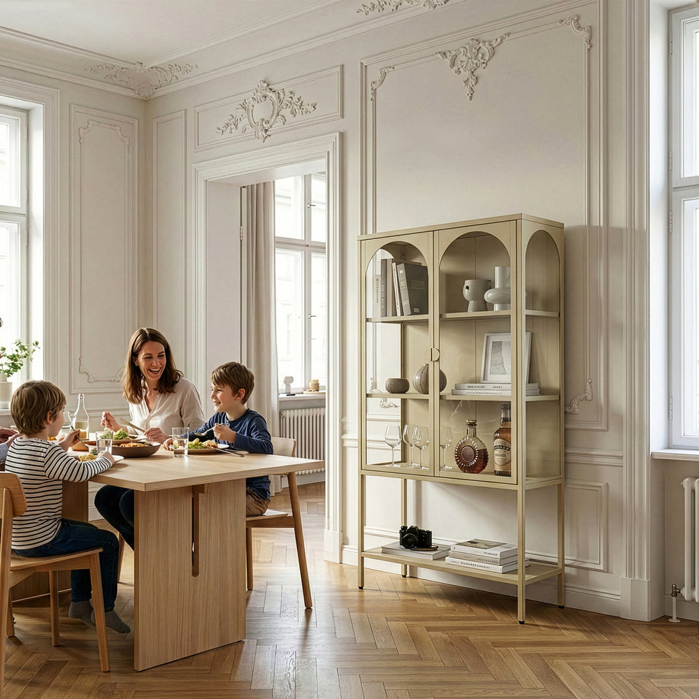 Vitrínová skříň Klippestad ocel 160x80x35 cm velbloudí barva [en.casa]