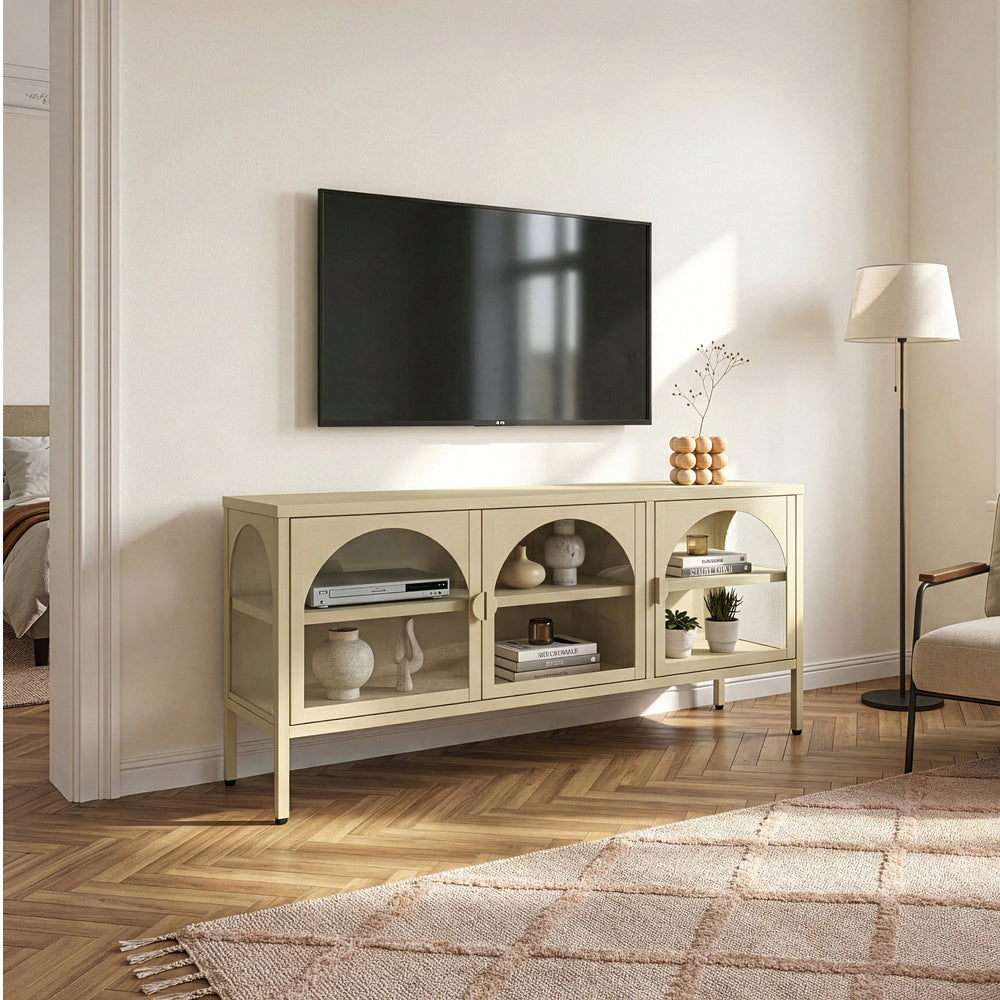 Vitrínkový sideboard Klippestad ocel 118x35x55 cm velbloudí barva [en.casa]