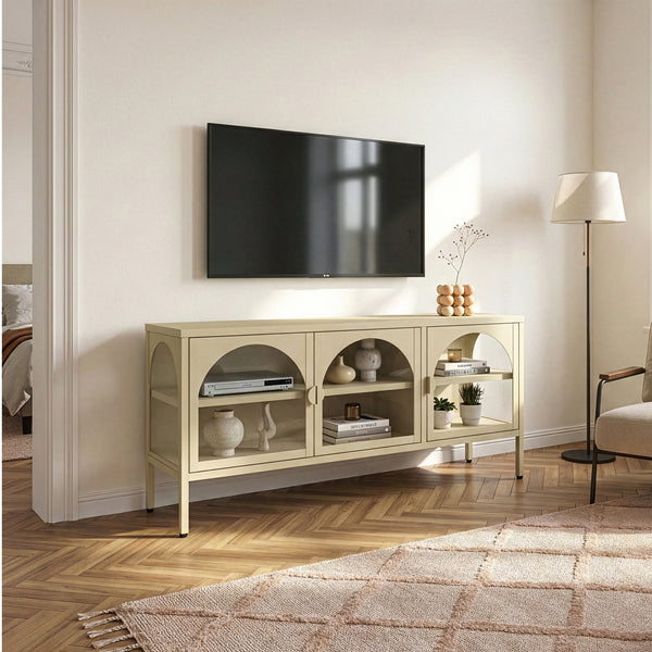 Vitrínkový sideboard Klippestad ocel 118x35x55 cm velbloudí barva [en.casa]