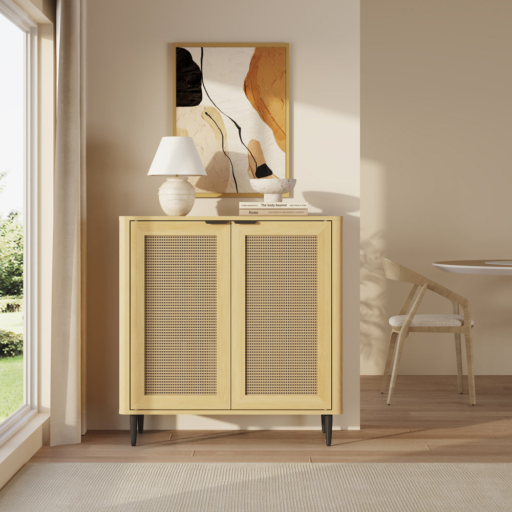 Sideboard Lukhomso 83x80x40 cm dubový vzhled / ratanový vzhled [en.casa]
