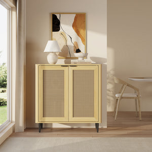 Sideboard Lukhomso 83x80x40 cm dubový vzhled / ratanový vzhled [en.casa]