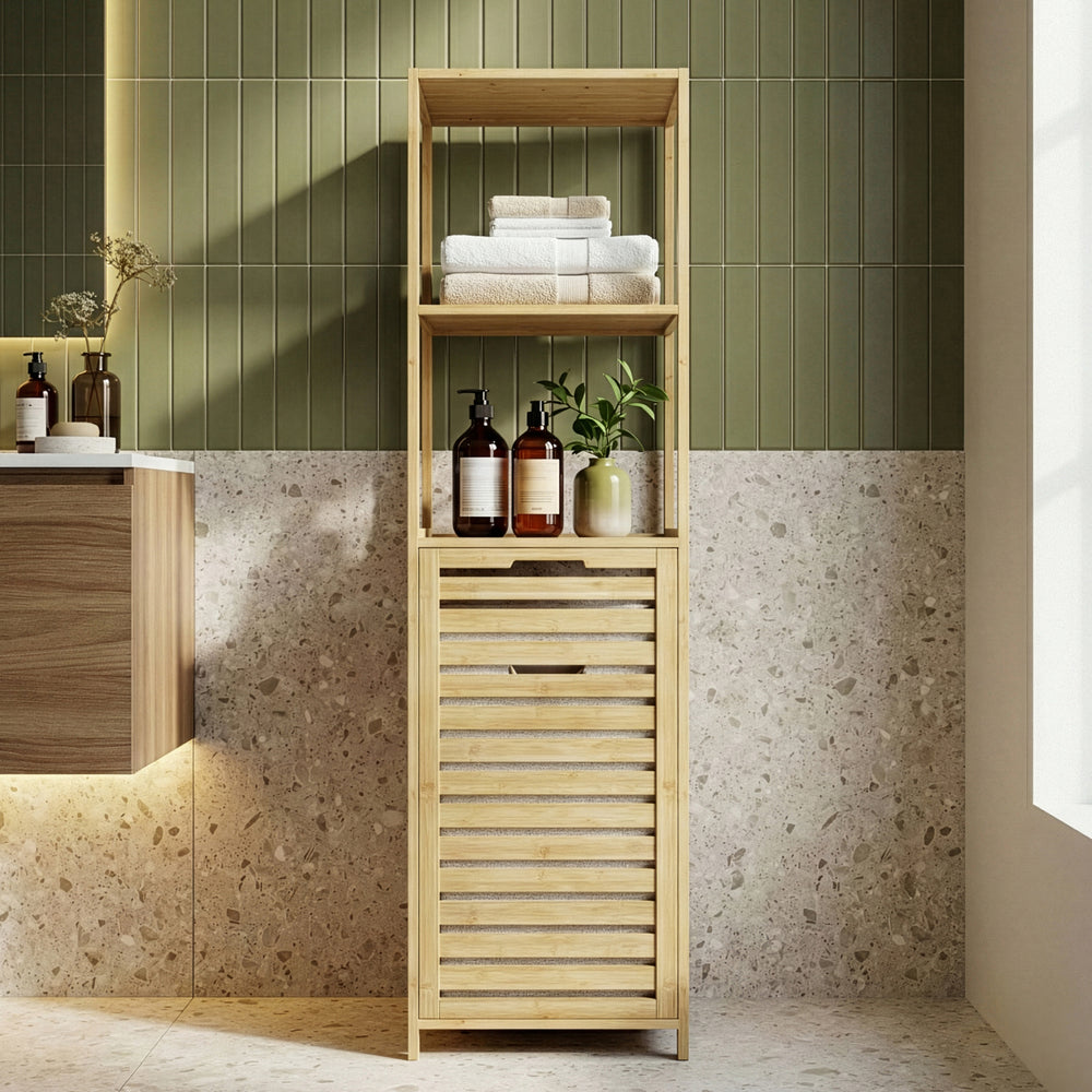 Koupelnový regál s košem na prádlo Anun 130x36x33 cm bambus, barva dřeva [en.casa]