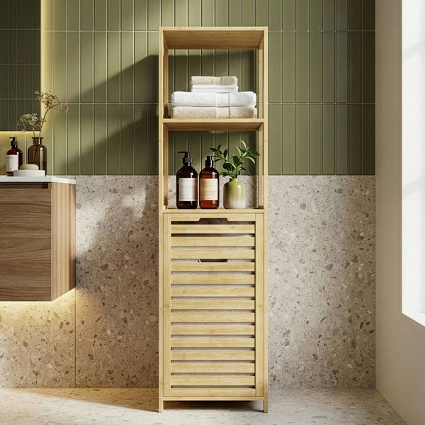 Koupelnový regál s košem na prádlo Anun 130x36x33 cm bambus, barva dřeva [en.casa]