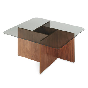 Konferenční stolek Benexjö s skleněnou deskou 70x70x36 cm ořechový vzhled/šedý [en.casa]