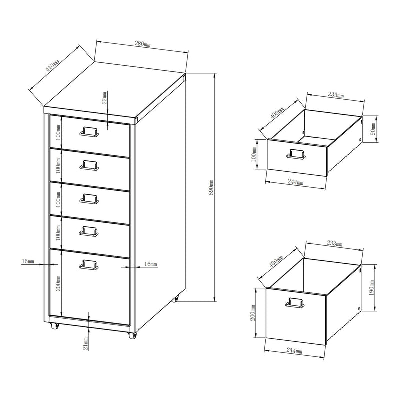Maßskizze Mobilní kontejner Kökar s 5 zásuvkami 69x28x41 cm [en.casa]
