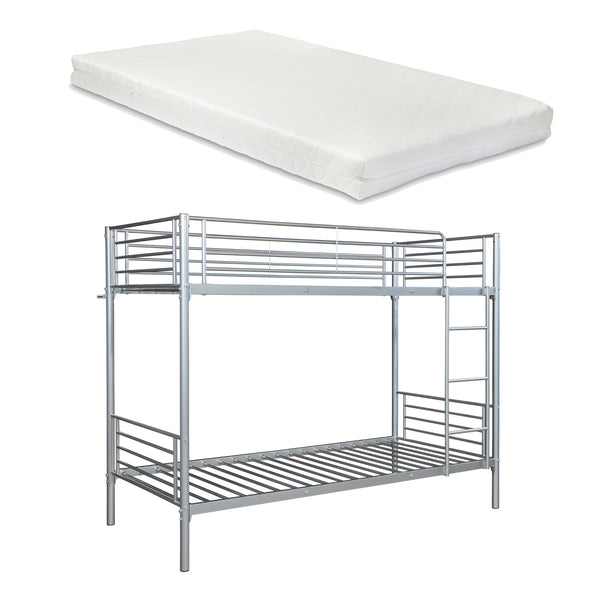 Patrová postel z kovu Soppsar se 2 matracemi 200x90 cm stříbrná [en.casa]