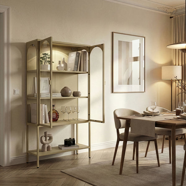 Vitrínová skříň Klippestad ocel 160x80x35 cm velbloudí barva [en.casa]