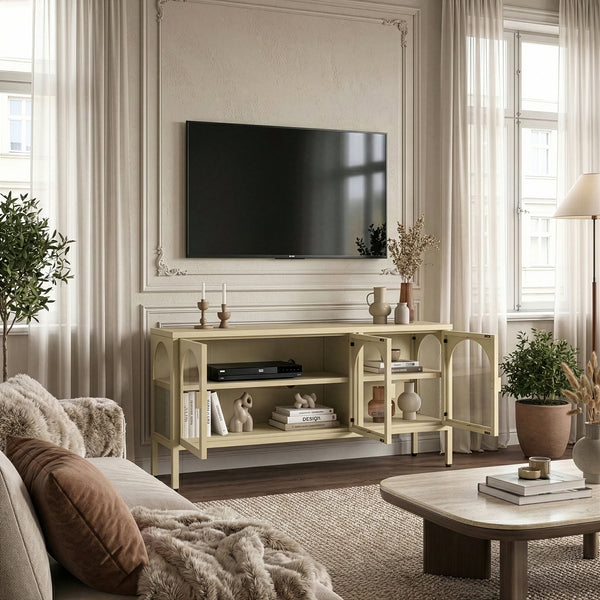 Vitrínkový sideboard Klippestad ocel 118x35x55 cm velbloudí barva [en.casa]