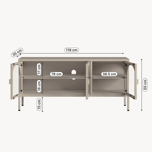 Vitrínová komoda Klippestad ocel 118x35x55 cm velbloudí barva [en.casa]