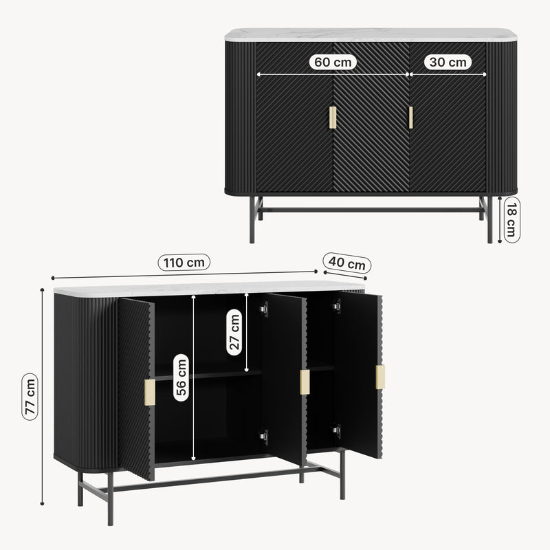 Maßskizze Sideboard Olvehok 110x40x77 cm Černá/mramorový vzhled, bílá [en.casa]