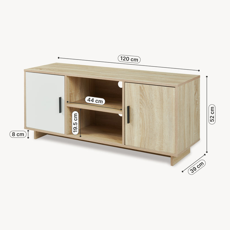 Maßskizze Televizní skříňka Kenta 120x39x52 cm Sonoma dubová optika/bílá [en.casa]