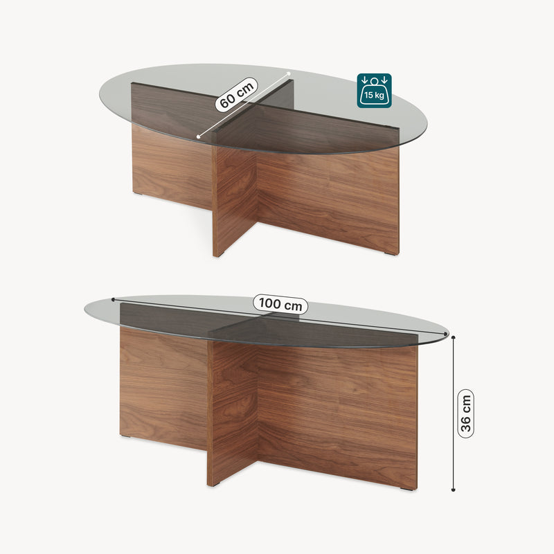 Maßskizze Konferenční stolek Viroya s skleněnou deskou 100x60x36 cm ořechový vzhled/šedý [en.casa]