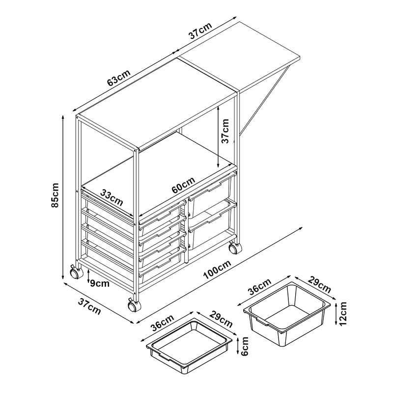 Maßskizze Pojízdný vozík Sørfold s boxy 100x37x85cm bílý [en.casa]