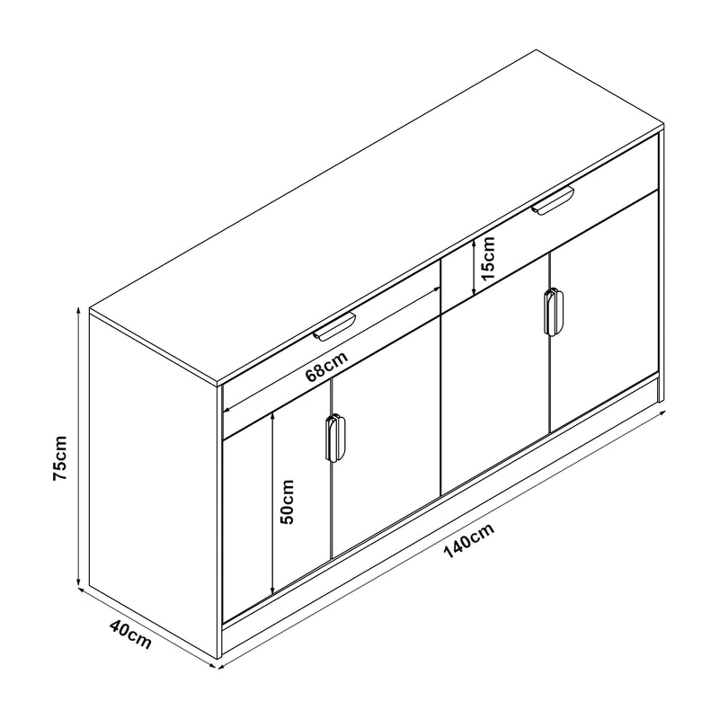 Maßskizze Sideboard Varkaus 75x140x40cm MDF dubový dekor [en.casa]