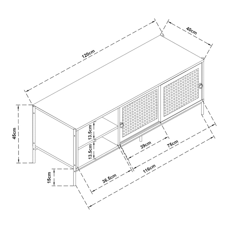 Maßskizze TV skříňka Tysnes 120x40x45 cm dubový dekor/černá [en.casa]