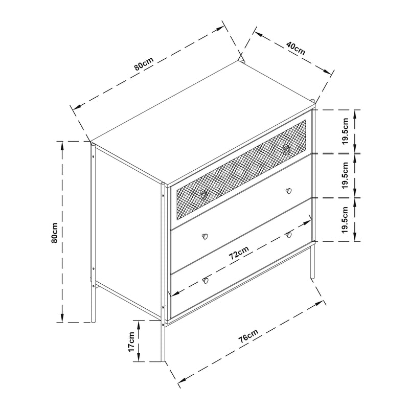 Maßskizze Komoda Tysnes s 3 zásuvkami 80x80x40 cm Dub/Černá [en.casa]