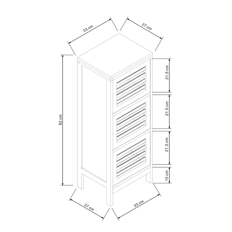 Maßskizze Přístavný skříňka s 3 dveřmi Ypäjä 82x33x27 cm bambus [en.casa]