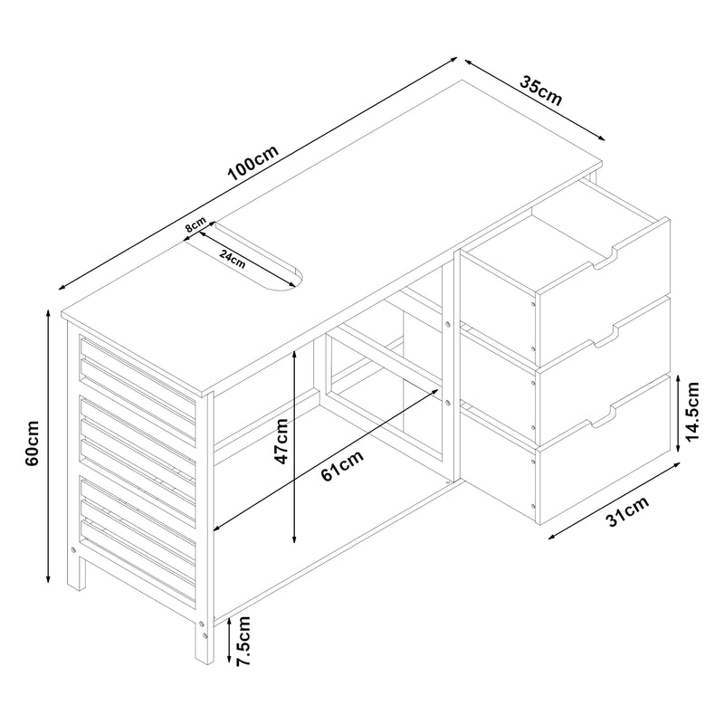 Maßskizze Skříňka pod umyvadlo Boksereys 60x100x35 cm bambus přírodní [en.casa]