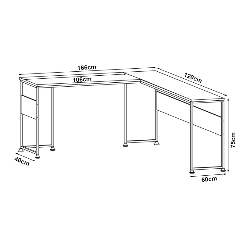 Maßskizze Psací stůl Karlstang ve tvaru L 166x120x75 cm Světle šedý [en.casa]