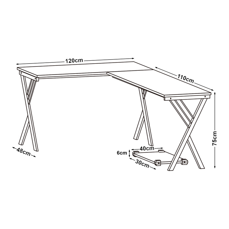 Měřítkový nákres Psací stůl Tarielarg s PC stojanem ve tvaru L 158x120x75 cm dubový dekor [en.casa]