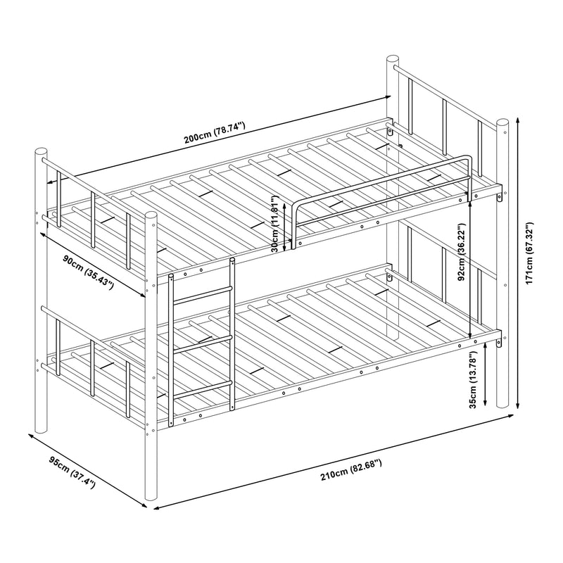 Maßskizze Patrová postel z kovu Berimma 90x200 cm černá [en.casa]