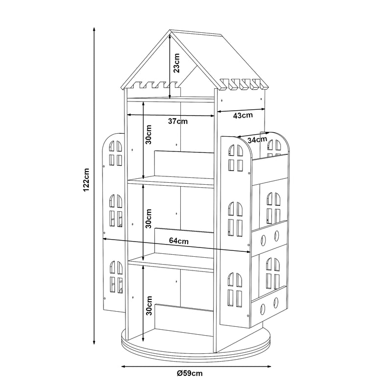 Maßskizze Otočné dětské police Sanköre 122x64x43 cm borovicové dřevo přírodní [en.casa]