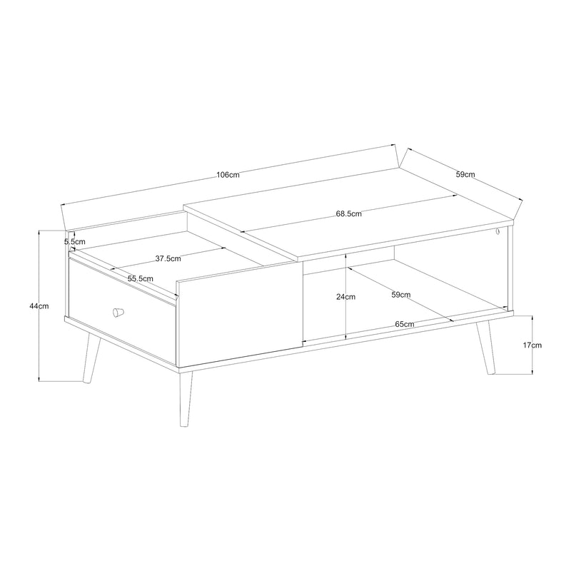 Maßskizze Konferenční stolek Hallevil s šuplíkem 106x59x44 cm Světle šedý [en.casa]