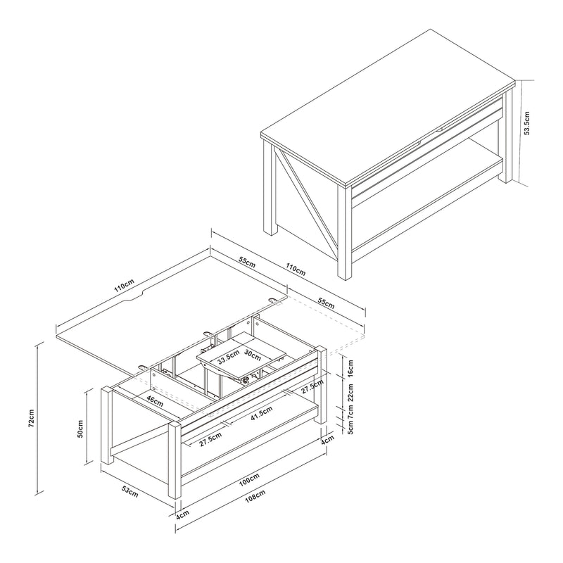 Maßskizze Konferenční stolek Kasama s výklopnou deskou a úložným prostorem 110x55x54 cm ořechový dekor/bílá [en.casa]