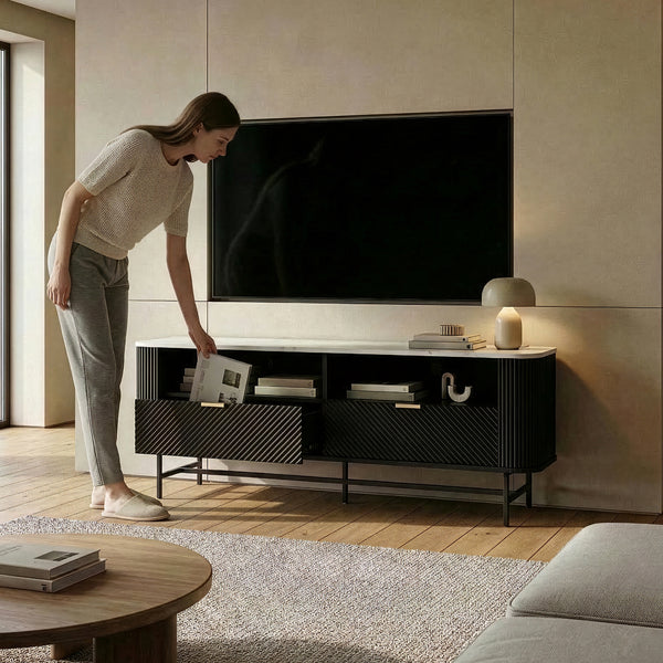 TV-Lowboard Olvehok 140x40x55 cm Černá/mramorový vzhled, bílá [en.casa]