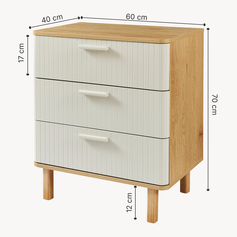 Maßskizze Komoda Ferrersp s 3 zásuvkami 70x60x40 cm dubový dekor/písková barva [en.casa]