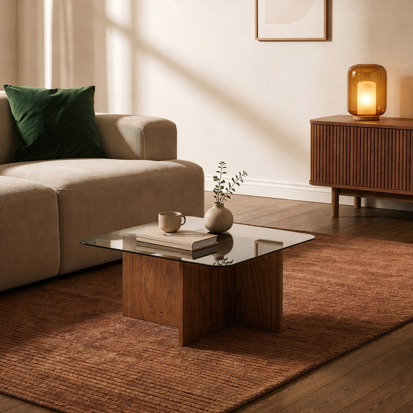 Konferenční stolek Benexjö s skleněnou deskou 70x70x36 cm ořechový vzhled/šedý [en.casa]