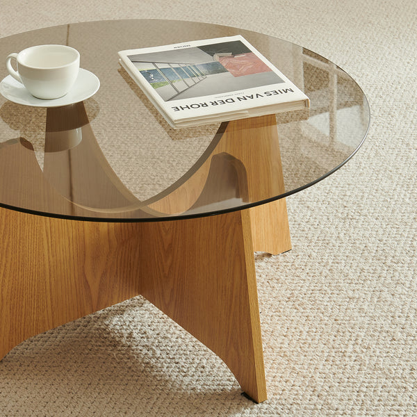 Konferenční stolek 'Omlar' s kulatou skleněnou deskou Ø70 x 35 cm dubový dekor / kouřově šedá
