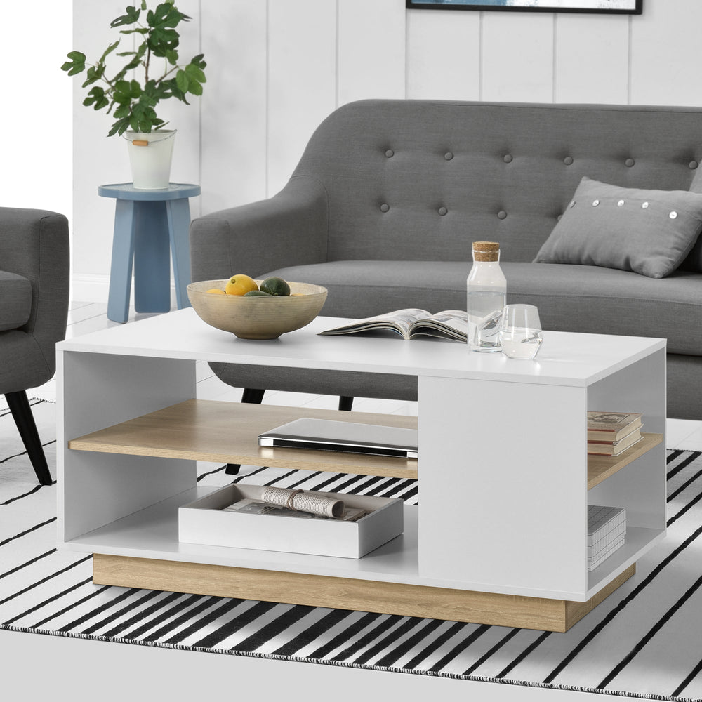Couchtisch Trelleborg 100x60x46 cm mit 2 Ablagen Weiß/Eiche en.casa - premiumXL