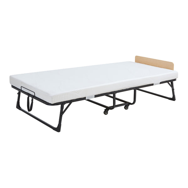 Skládací postel z kovu Lustendi s matrací 200x90cm Černá/dubový dekor [en.casa]