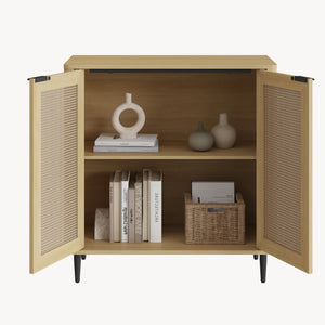Sideboard Lukhomso 83x80x40 cm dubový vzhled / ratanový vzhled [en.casa]