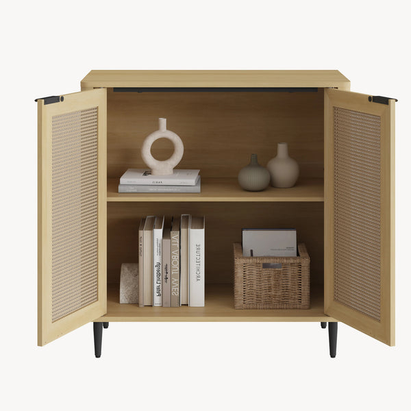 Sideboard Lukhomso 83x80x40 cm dubový vzhled / ratanový vzhled [en.casa]