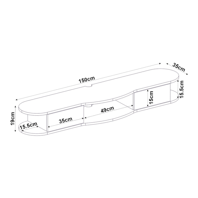 Měřítkový nákres TV závěsný lowboard Nyskiri 150x35x19 cm antracit/dubový dekor [en.casa]