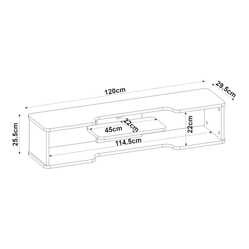 Měřítkový nákres TV závěsný lowboard Yrela 120x30x26 cm bílý [en.casa]