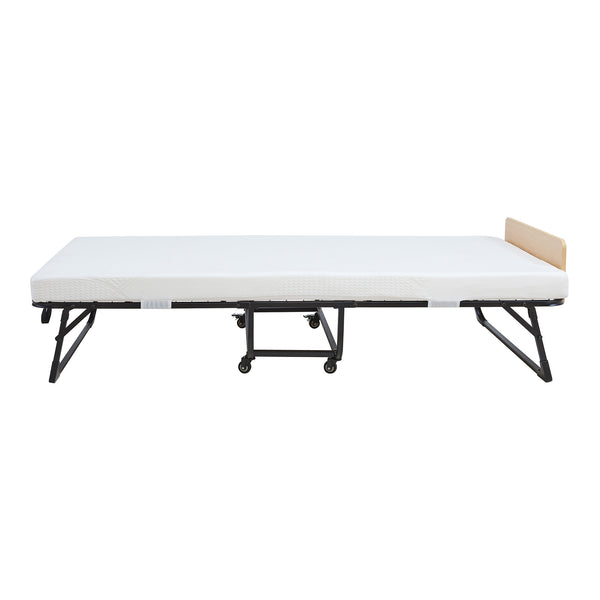 Skládací postel z kovu Lustendi s matrací 200x90cm Černá/dubový dekor [en.casa]